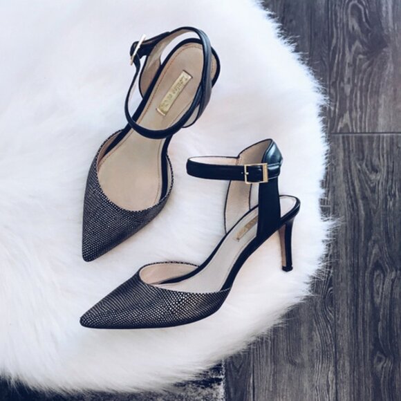 Louise et Cie Black & Gold Ankle Strap Leather Point Toe Heels - Picture 1 of 7